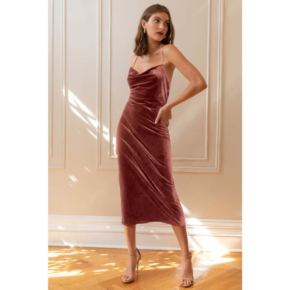 Jenny Yoo Collection Velvet Midi Dress Womens 6 Copper Rose Cowl Neck Open Back